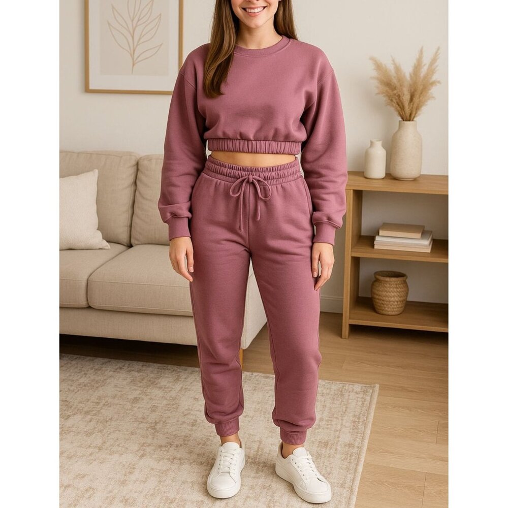 Zenana 2 Pcs Crop Sweatshirt Tracksuit Jogger Pants Set Outfit Active Loungewear